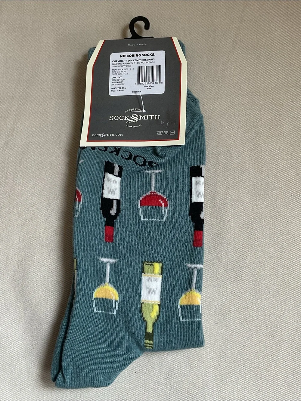 Socksmith Teal Crew Socks with Wine Bottle Motif